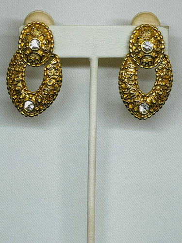 Gold Textured Door Knocker Earrings with Rhinestones
